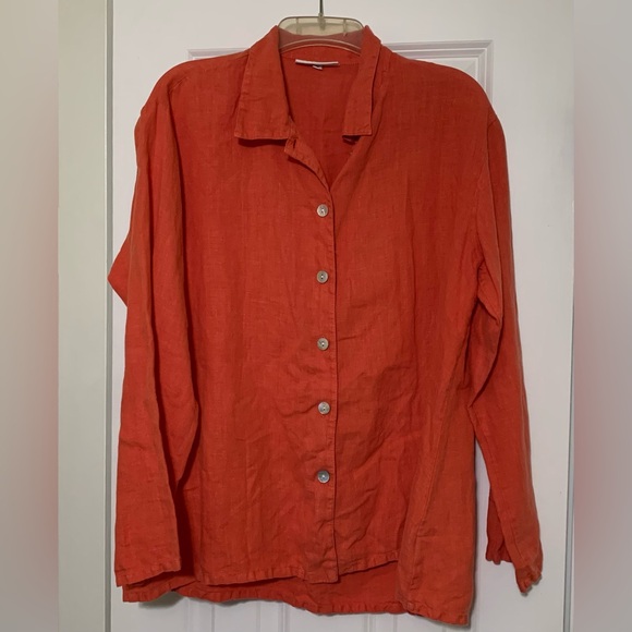 bryn Walker Tops - Bryn Walker S 100% Linen OrangeyCoral Button LongSleeve Buttons Beach Lux Casual